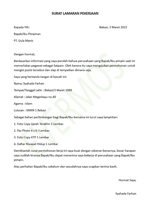 contoh surat lamaran kerja satpam