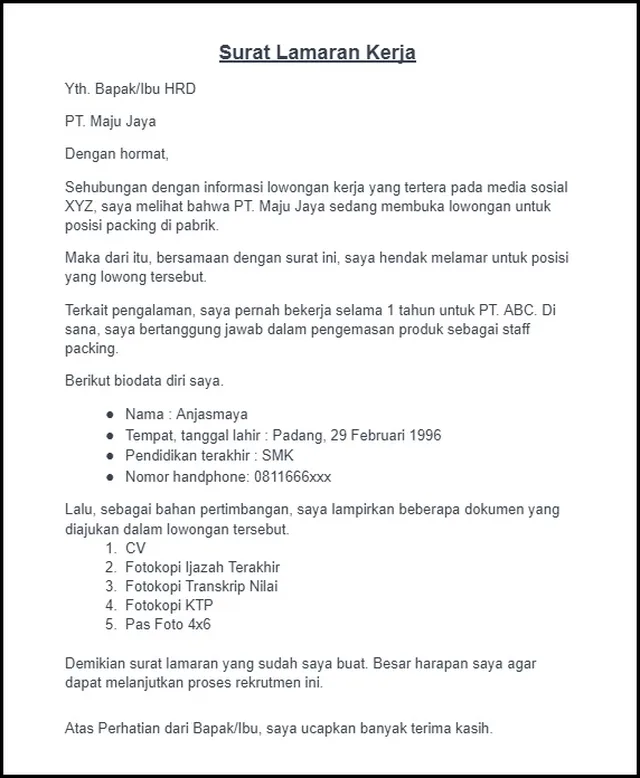 Surat Lamaran Kerja Bidang Packing 