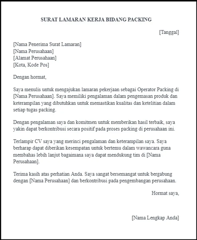 Surat Lamaran Kerja Bidang Packing 