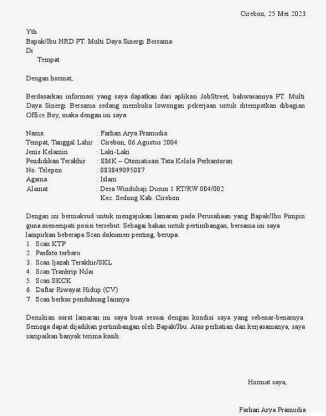 contoh surat lamaran kerja di hotel housekeeping