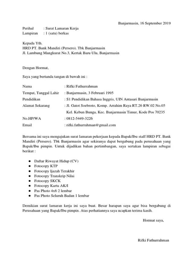 contoh surat lamaran kerja di word