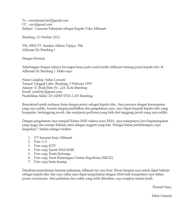 cara membuat lamaran kerja alfamart