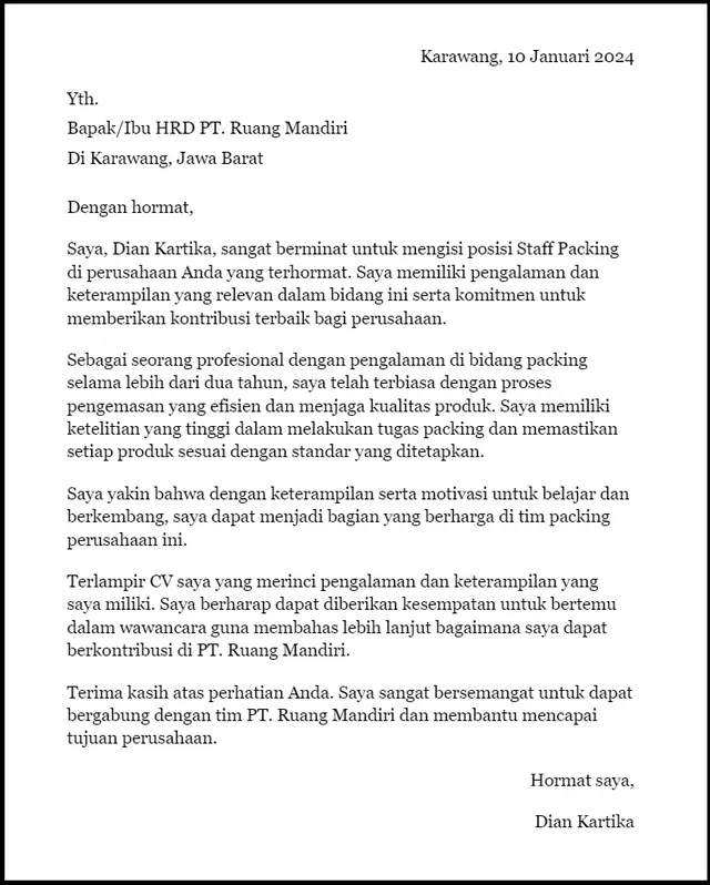 Surat Lamaran Kerja Bidang Packing