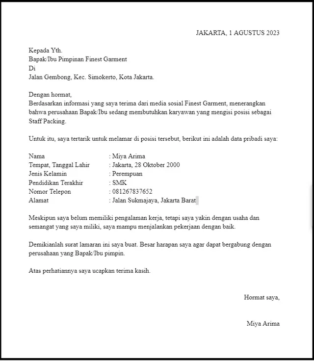 Contoh Surat Lamaran Kerja Bagian Packing Fresh Graduate