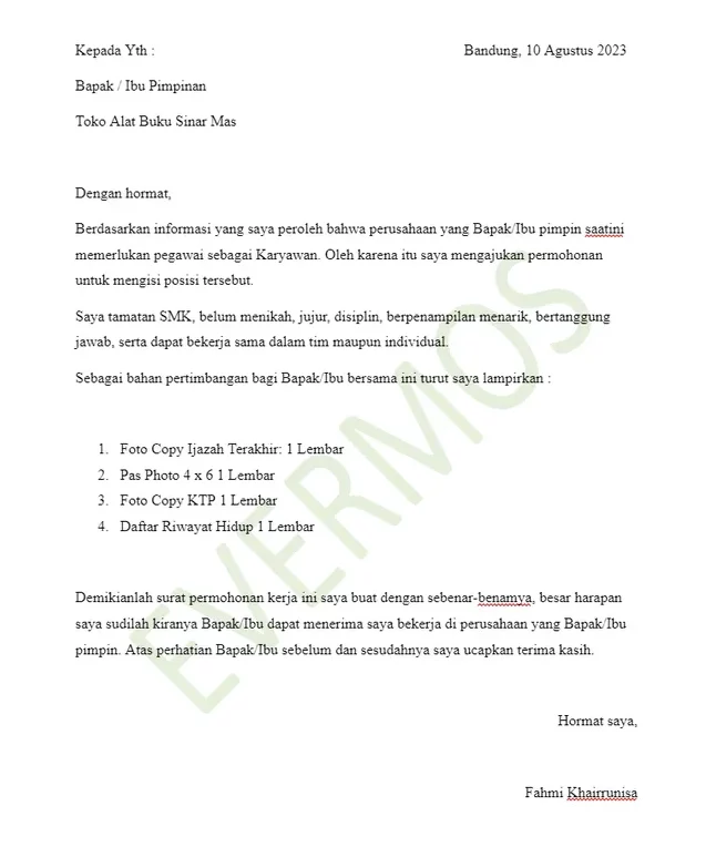 Surat Lamaran Pekerjaan Word