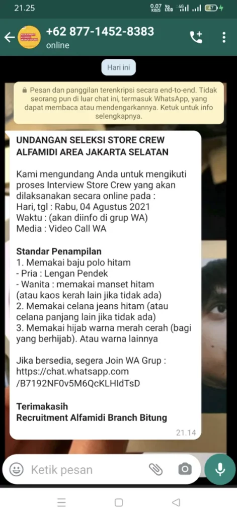 Contoh panggilan interview indomaret lewat wa