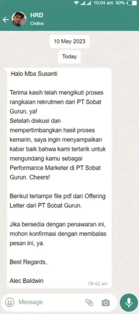 Contoh pemberitahuan diterima kerja via wa