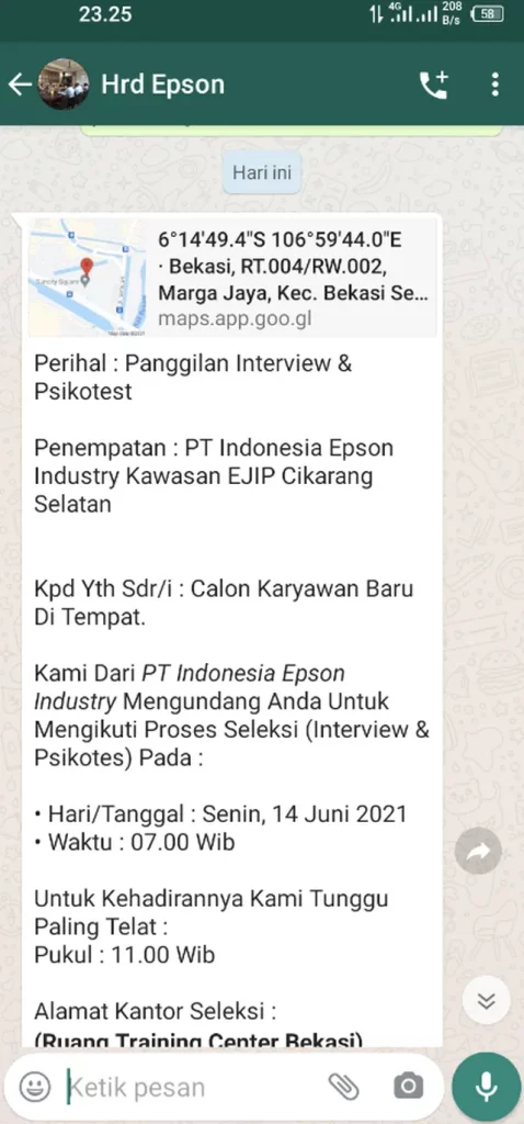 Contoh panggilan kerja via wa asli pt epson