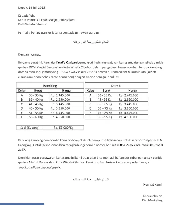 7 Contoh Surat Penawaran Harga Hewan Qurban & Cara Buatnya!
