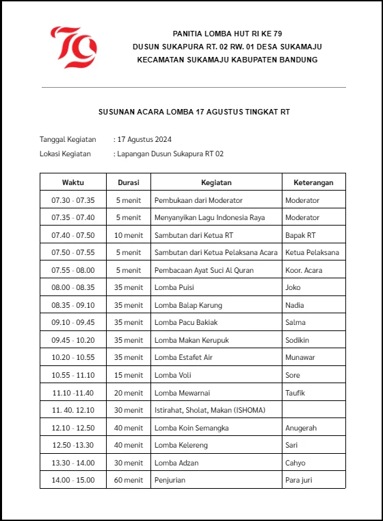 4 Contoh Susunan Acara Lomba 17 Agustus Tingkat RT Lengkap, Download Gratis! contoh susunan acara lomba 17 agustus tingkat rt