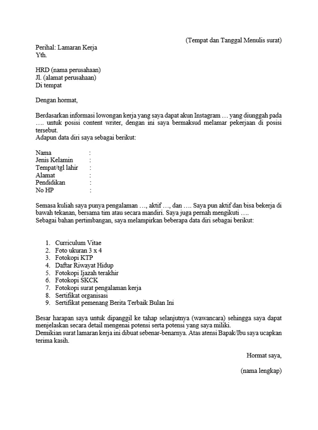 contoh surat lamaran kerja di word