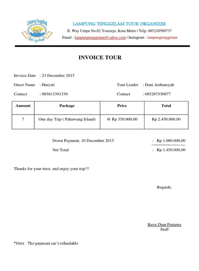 Contoh Invoice Tour and Travel