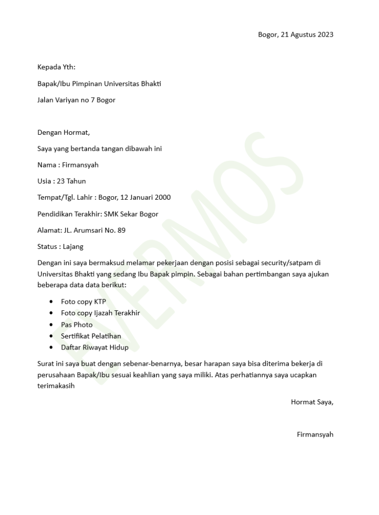 contoh surat lamaran kerja satpam